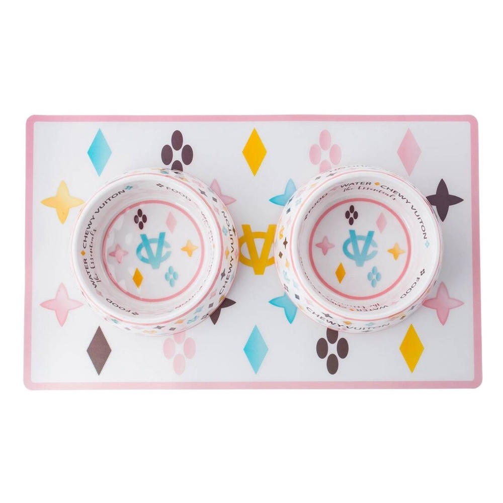 White Chewy Vuiton Pet Food Placemat
